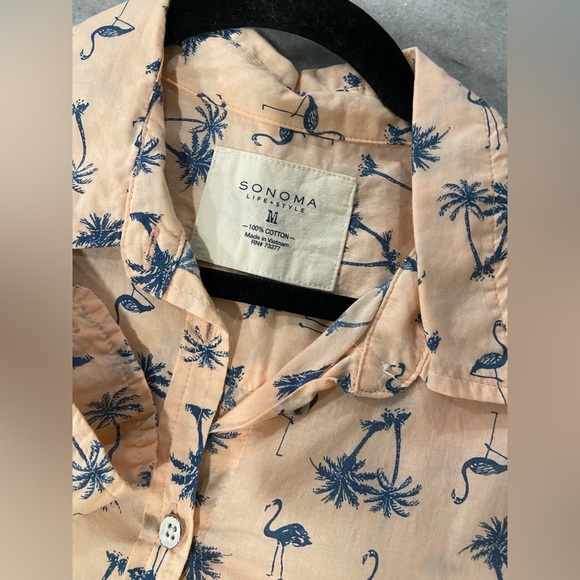Sonoma Size M Pink Blue 3/4 Sleeve Button Down Shirt Flamingo Palm Tree Print - Picture 9 of 9
